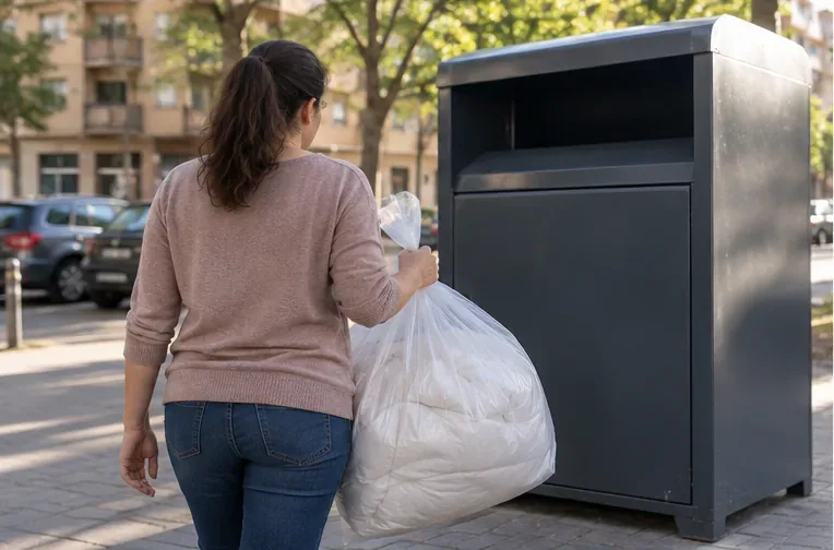 Persona acercándose a un contenedor urbano de recogida textil con un edredón dentro de una bolsa cerrada