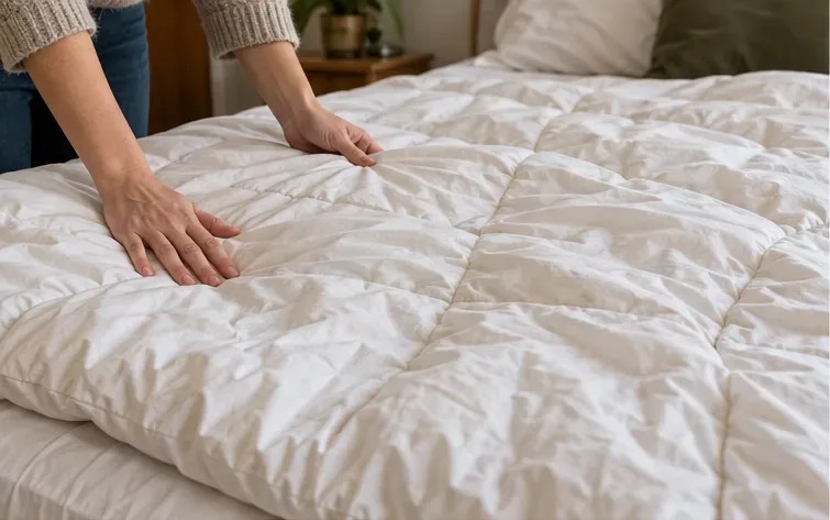 Una persona revisa con las manos un edredón extendido sobre una cama para comprobar su estado.