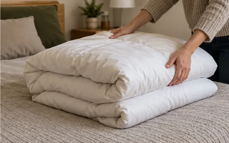 Un edredón claro, limpio y seco aparece doblado cuidadosamente sobre una cama.
