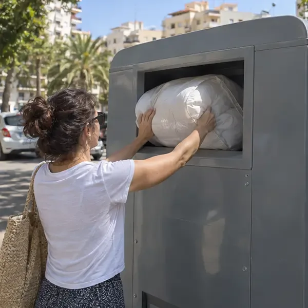 Persona introduciendo una bolsa con un edredón doblado en un contenedor textil situado en una calle residencial de Málaga