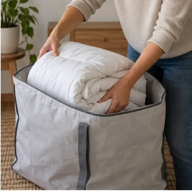 Edredón blanco limpio doblado dentro de una bolsa protectora grande en una vivienda