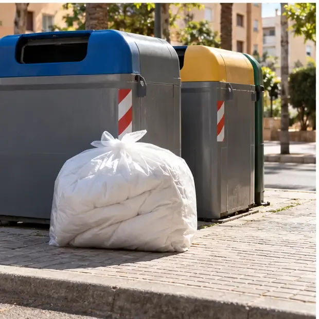 Bolsa cerrada con un edredón doblado junto a una zona de contenedores en una calle mediterránea