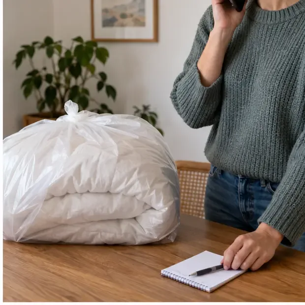 Persona realizando una consulta telefónica junto a un edredón embolsado y un cuaderno