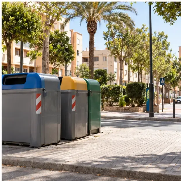 Zona de contenedores limpia y despejada en una calle con palmeras después de la retirada de un residuo