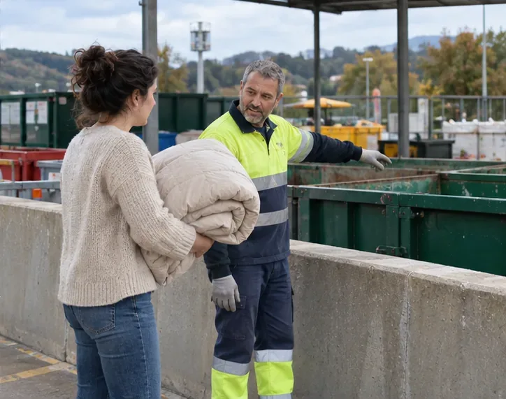 Una trabajadora de una instalación de residuos indica a una vecina la zona de recepción mientras sostiene un edredón doblado.