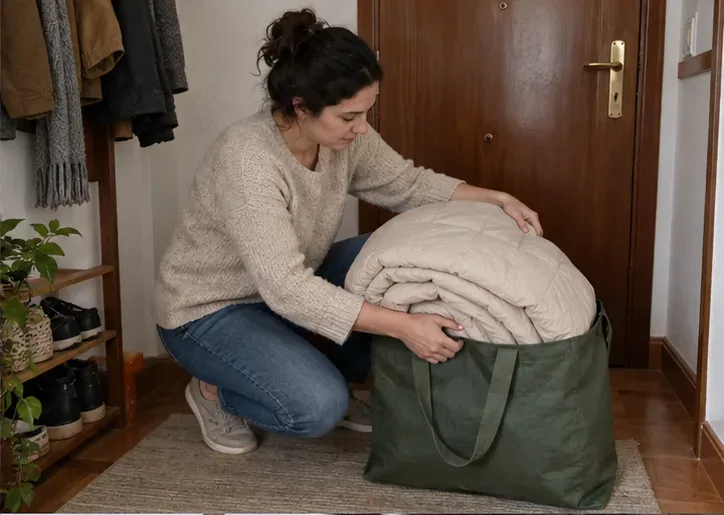 Una persona pliega un edredón limpio y lo coloca en una bolsa de tela para transportarlo.