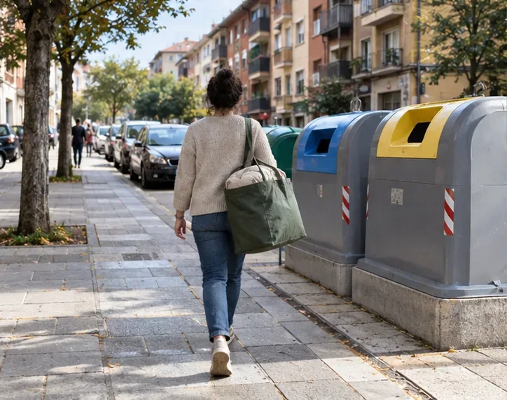 Una persona lleva una bolsa con un textil hacia varios contenedores de recogida selectiva en una calle residencial.