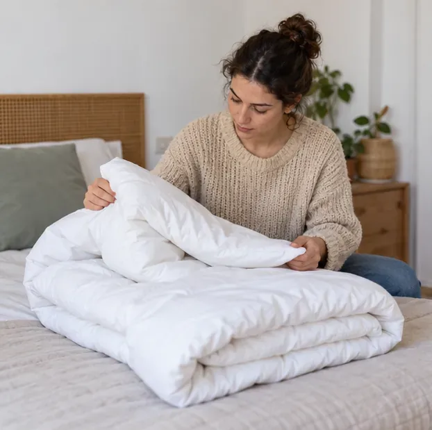 Una mujer revisa un edredón blanco doblado sobre la cama antes de decidir si todavía puede reutilizarse