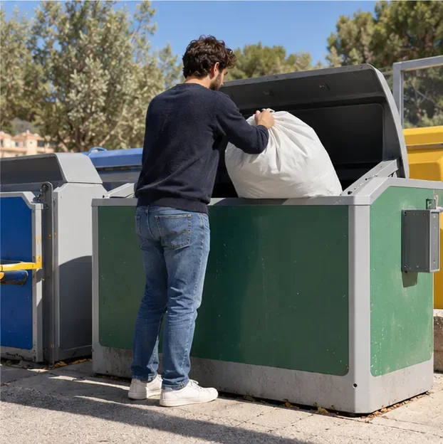 Un vecino deposita una bolsa con un edredón doblado en un contenedor cubierto de un punto de recogida