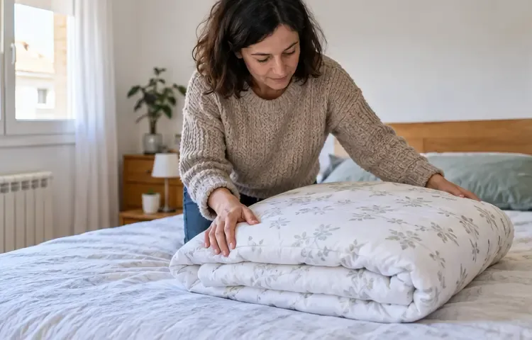 Una mujer comprueba en casa un edredón limpio y plegado antes de decidir si todavía se puede reutilizar