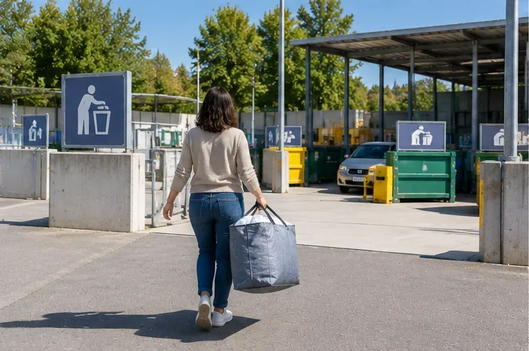 Una mujer llega a una deixalleria con una bolsa grande que contiene un edredón doblado y protegido.