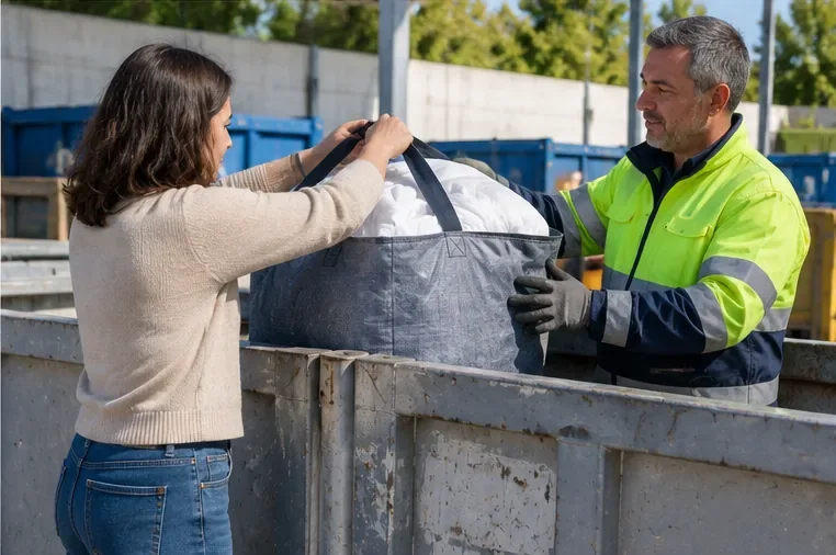 Una usuaria entrega una bolsa con un edredón a un trabajador de una instalación de recogida de residuos.