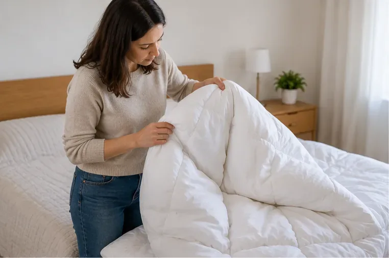 Una mujer revisa un edredón blanco extendido sobre una cama para comprobar su estado antes de decidir si se reutiliza o se desecha.