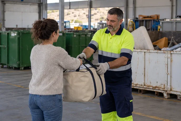 Un trabajador con chaleco recibe una bolsa cerrada con un edredón doblado en una instalación de gestión de residuos