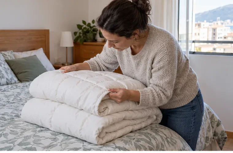 Una mujer revisa las costuras y el estado de un edredón blanco limpio extendido sobre una cama