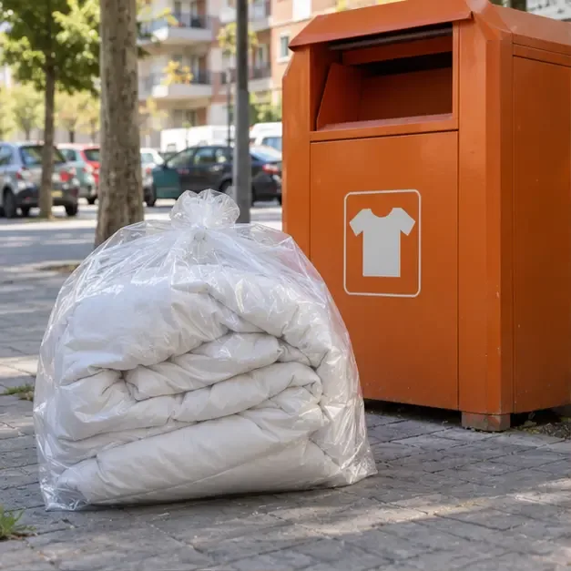 Edredón voluminoso dentro de una bolsa transparente junto a un contenedor naranja de textiles, sin introducirlo