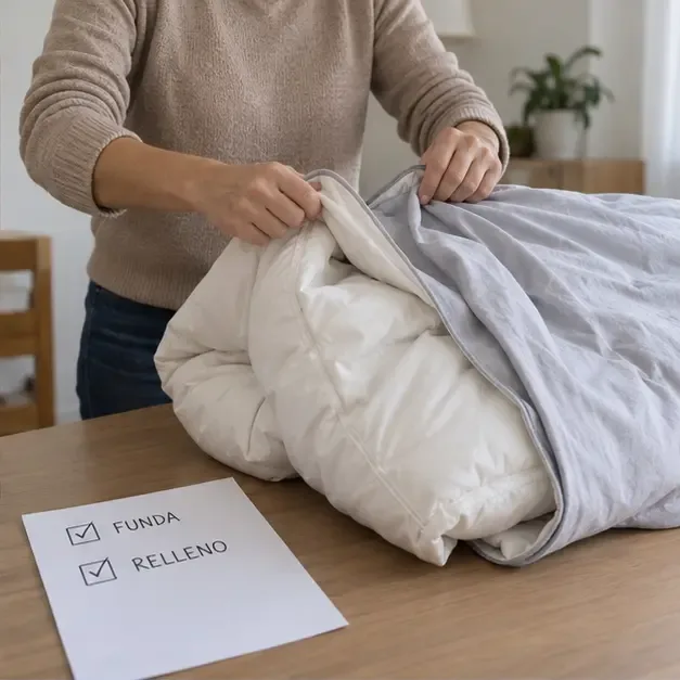 Persona separando la funda blanca del relleno de un edredón sobre una mesa