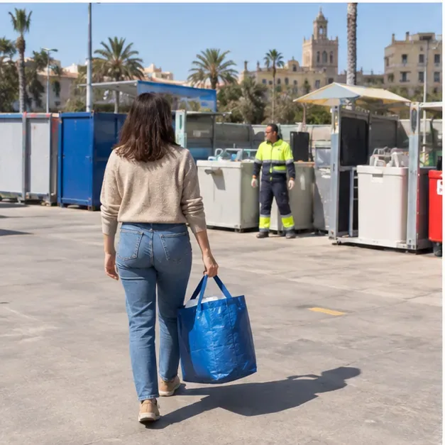 Persona caminando con una bolsa que contiene un edredón hacia una zona de contenedores de un ecoparque