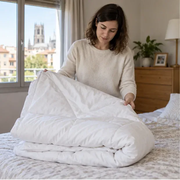 Una persona revisa un edredón extendido sobre una cama para valorar su estado