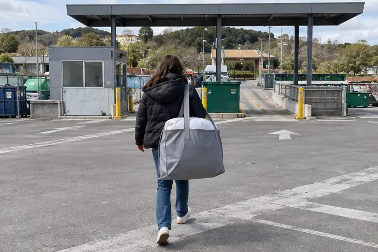 Una persona lleva una bolsa grande con un edredón plegado hacia la entrada de una instalación de reciclaje.