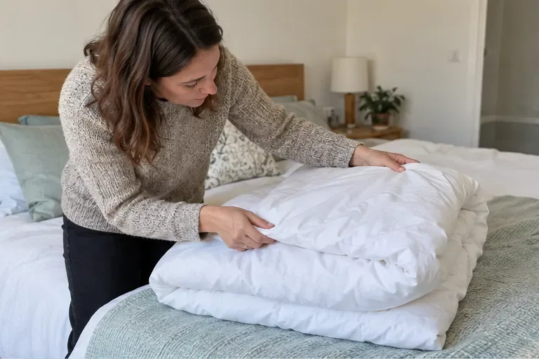 Una mujer revisa un edredón blanco extendido sobre una cama antes de separarlo para reutilización o reciclaje.