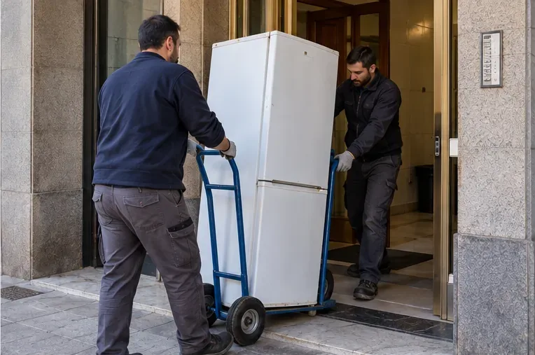 Dos operarios mueven un frigorífico vertical con una carretilla de transporte