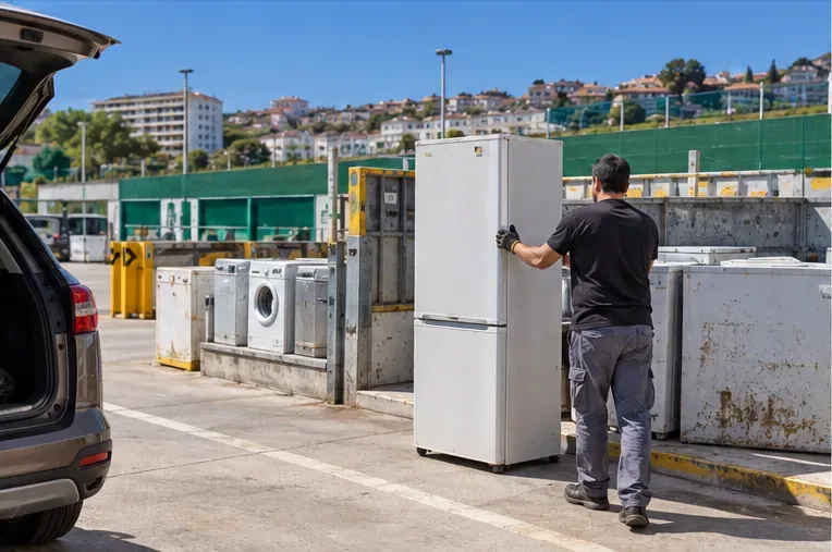 Una persona entrega un frigorífico usado en una instalación de recogida de electrodomésticos