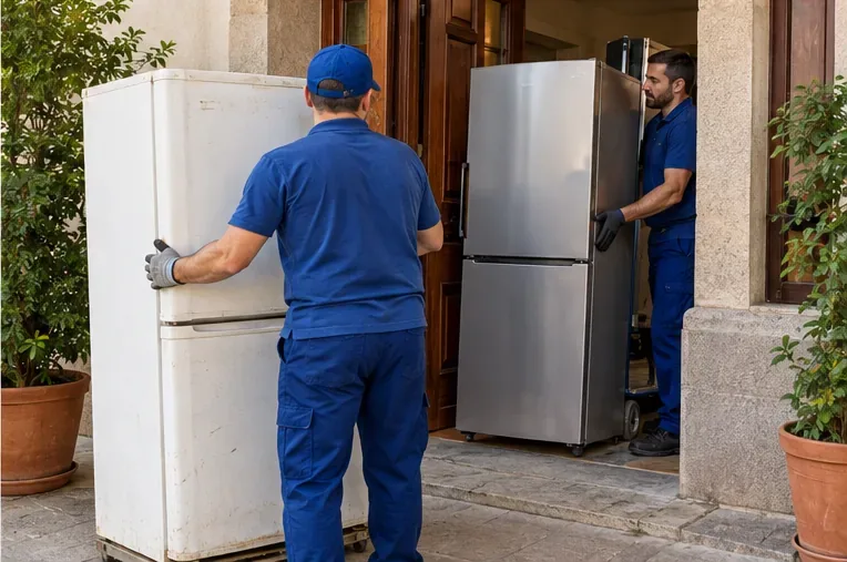 Dos repartidores retiran un frigorífico viejo mientras introducen uno nuevo en una vivienda