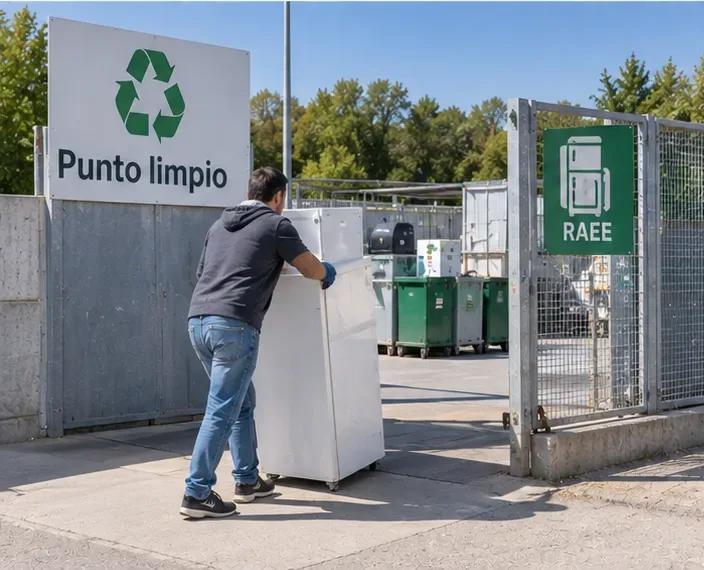 Persona llevando un frigorífico a la entrada de un punto limpio con señalización para residuos RAEE
