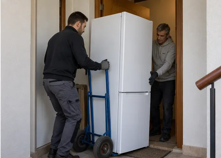 Dos personas trasladando un frigorífico con una carretilla por una puerta de vivienda