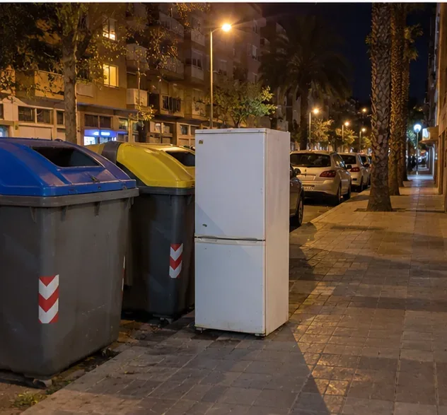 Frigorífico colocado de noche junto a contenedores urbanos sin bloquear la zona de paso, tras una recogida concertada