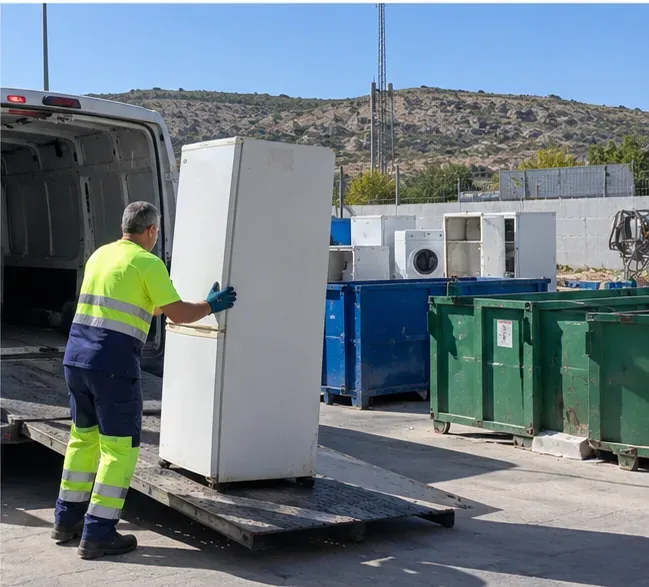 Operario descargando un frigorífico intacto de una furgoneta en una instalación de reciclaje con contenedores para residuos voluminosos
