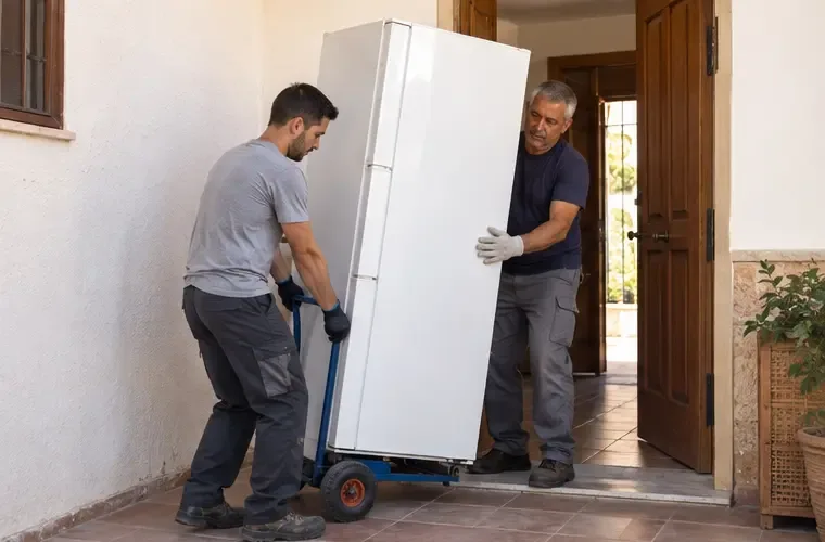 Dos personas trasladando un frigorífico en posición vertical con una carretilla