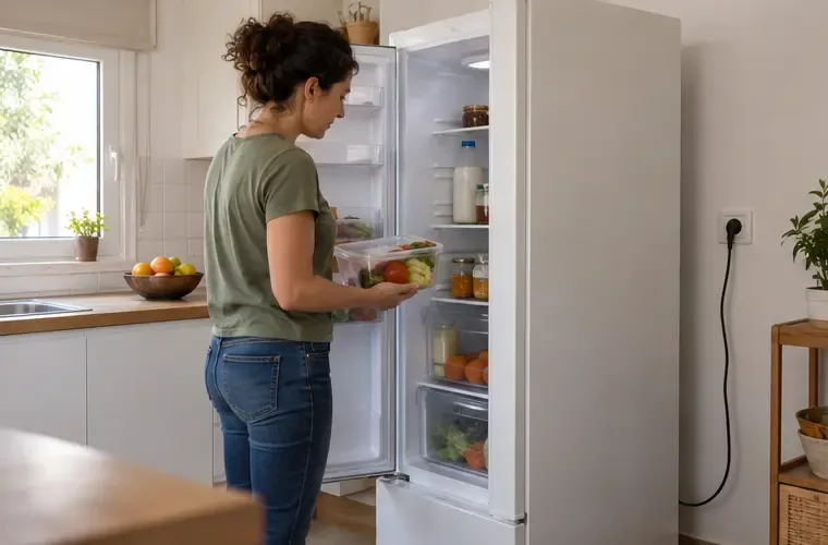 Persona vaciando un frigorífico desenchufado en una cocina luminosa