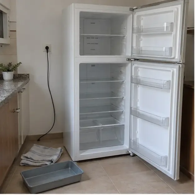 Frigorífico vacío y desconectado con las puertas abiertas, una bandeja y paños en el suelo para recoger el agua del descongelado