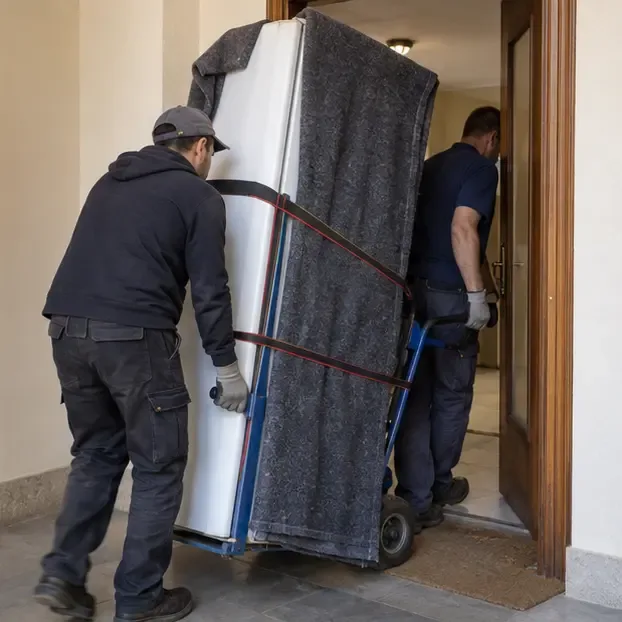 Dos personas trasladan un frigorífico vertical con una carretilla, correas y una manta protectora por la entrada de una vivienda.