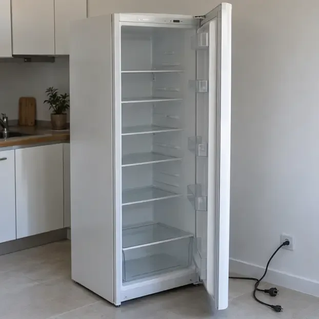 Frigorífico vacío, desconectado y con la puerta abierta para secarlo antes de llevarlo a un punto de recogida en Barcelona.