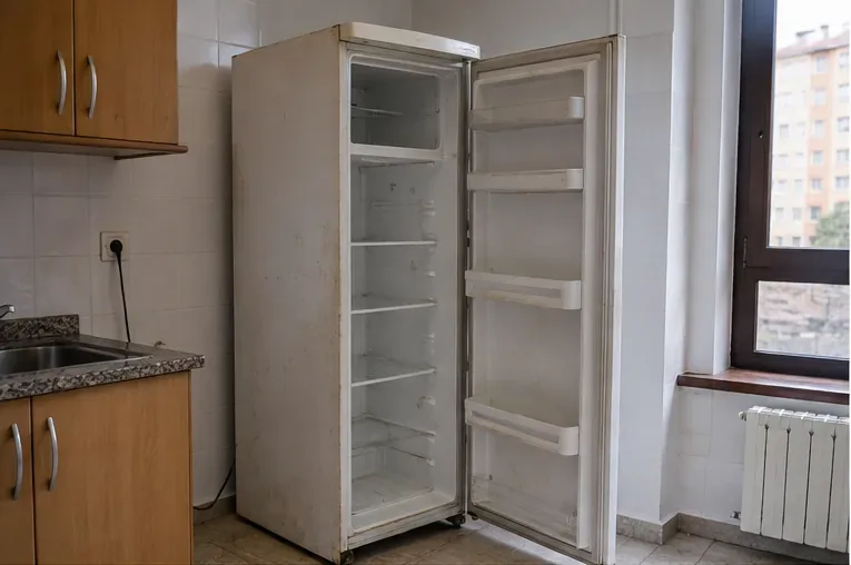 Frigorífico vacío y desenchufado en una cocina, con la puerta abierta y las baldas visibles