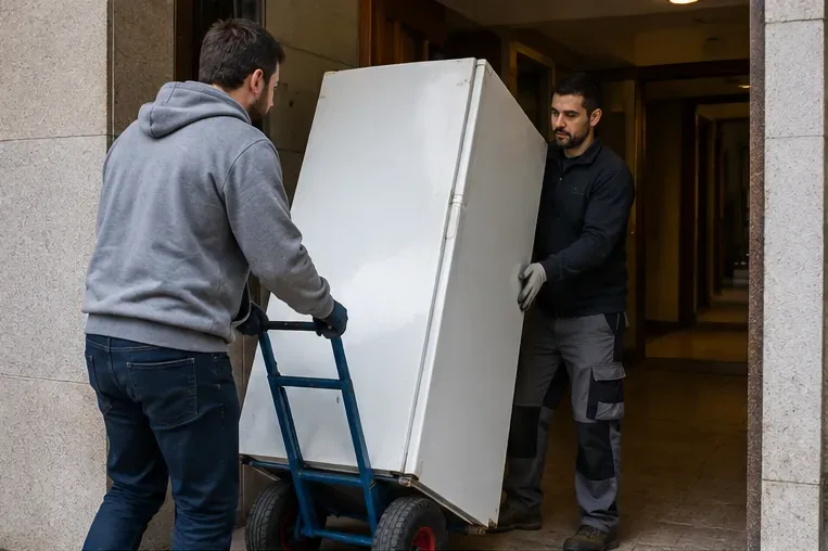 Dos operarios sacan un frigorífico de un portal usando una carretilla de transporte