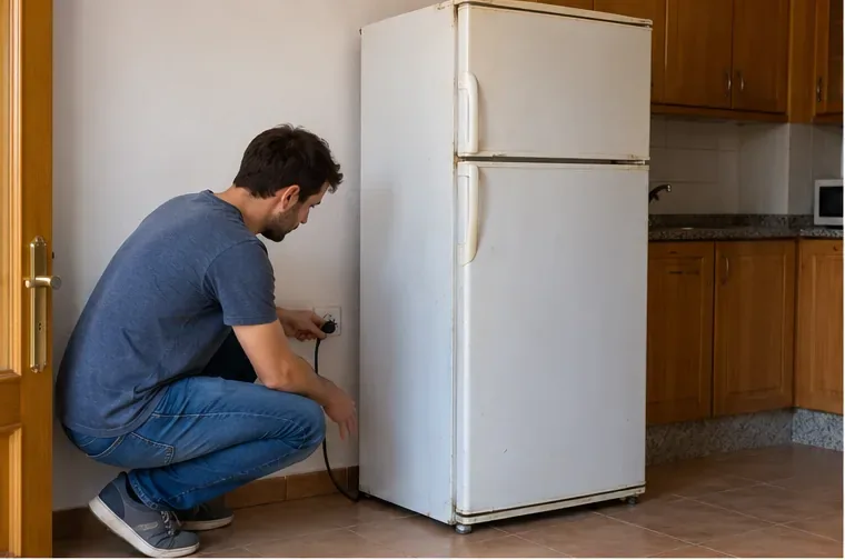 Una persona desenchufa un frigorífico antiguo en una cocina antes de prepararlo para su retirada