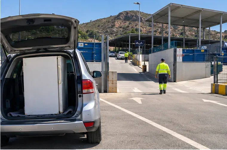 Un frigorífico cargado en un vehículo a la entrada de un centro de reciclaje