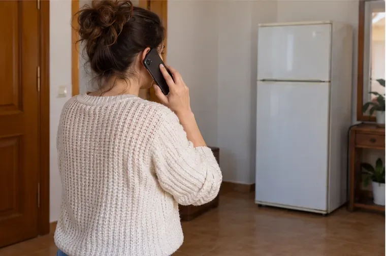 Una mujer llama por teléfono desde casa con un frigorífico al fondo para concertar su retirada