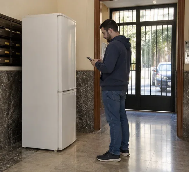 Frigorífico cerrado situado en el portal de un edificio mientras una persona consulta su teléfono para coordinar la recogida