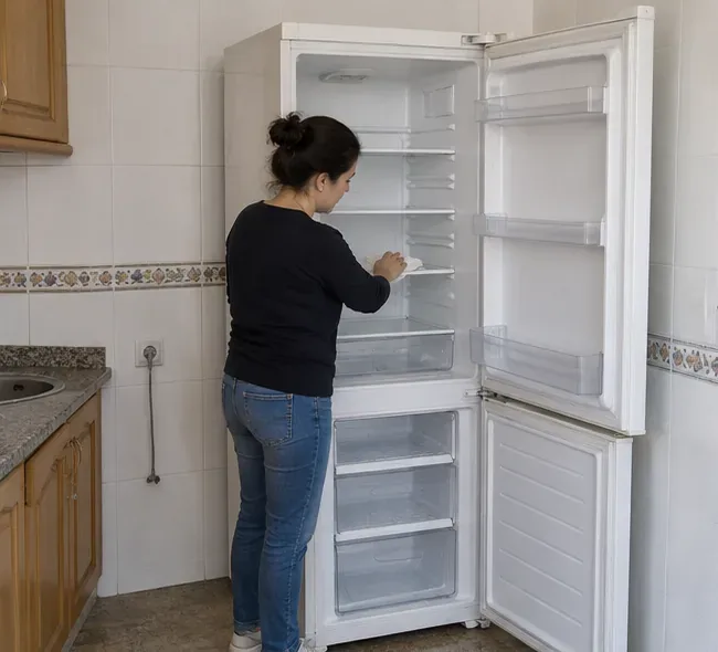 Persona vaciando y revisando un frigorífico abierto en una cocina antes de prepararlo para su retirada