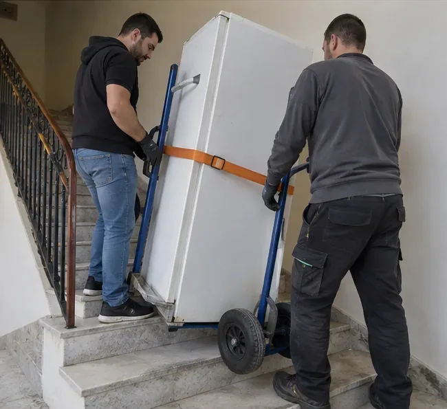 Dos personas bajando un frigorífico sujeto a una carretilla con cincha por una escalera
