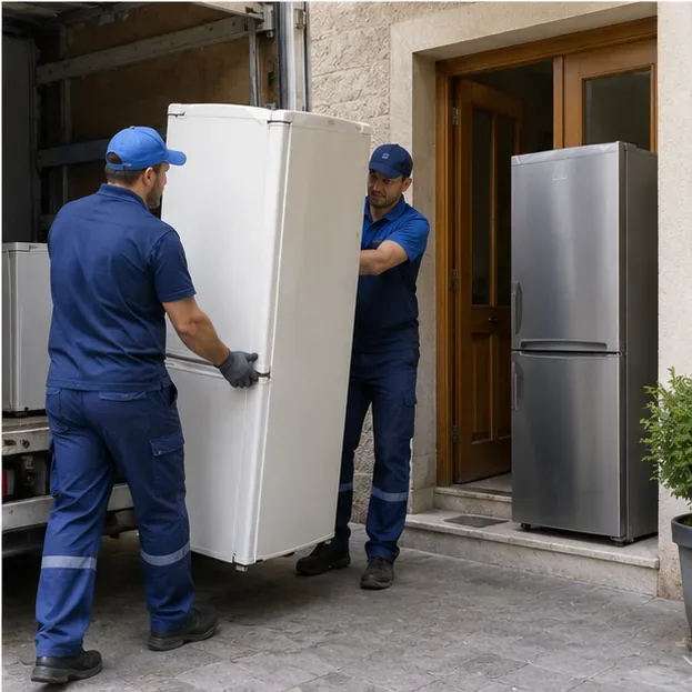 Dos operarios retirando un frigorífico de una vivienda junto a un vehículo de reparto