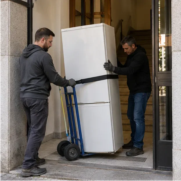 Dos personas trasladando un frigorífico con una carretilla por la entrada de un edificio