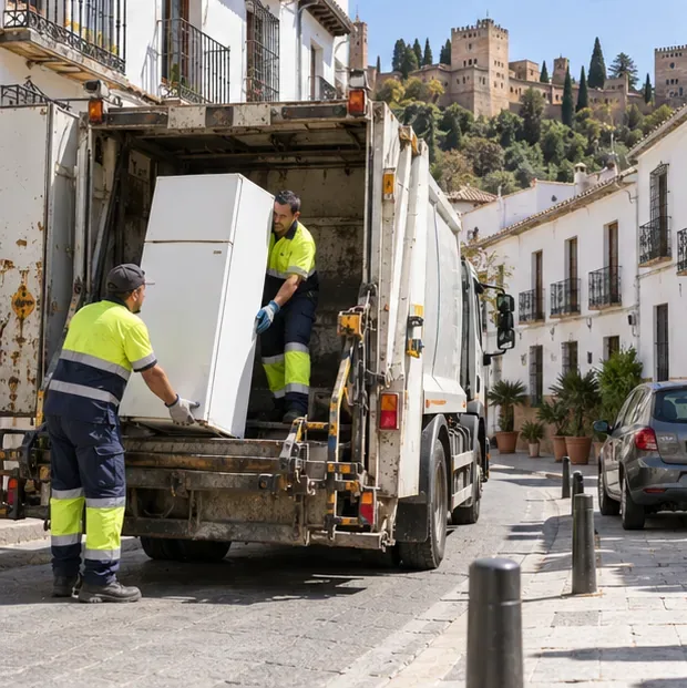 Dos operarios cargan un frigorífico en un camión de recogida en una calle residencial.