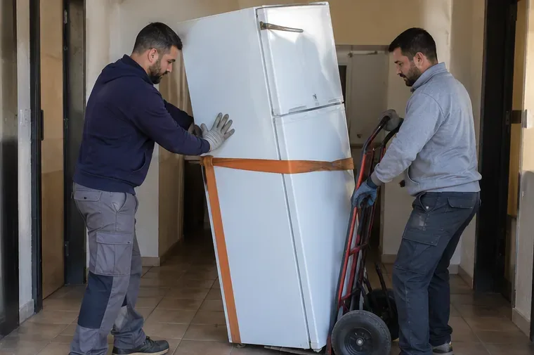 Dos personas moviendo un frigorífico con una carretilla de transporte