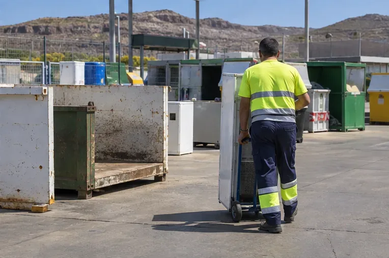 Operario de residuos transporta un frigorífico con una carretilla dentro de una instalación de gestión y clasificación de residuos
